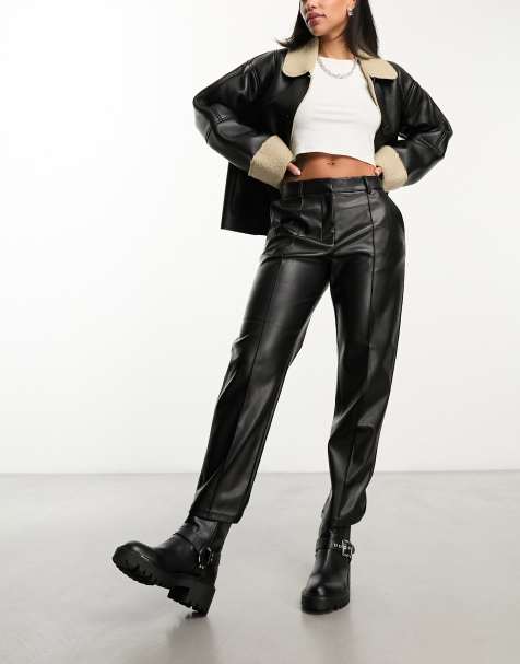 Vila leather look cropped tapered pants in black - view 1