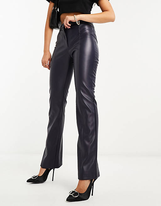 Vila leather look high waisted flared trousers in navy