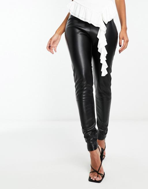 Vila Petite leather look high waisted skinny trousers in black