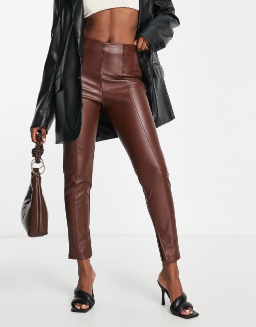 Chocolate Brown Faux Leather Seam Detail Leggings