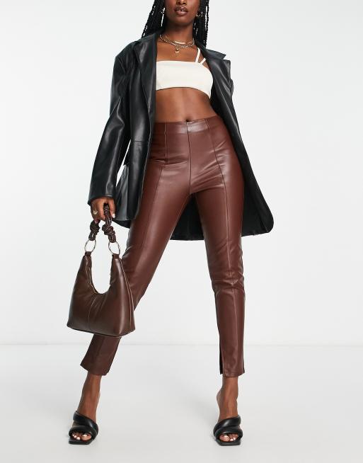 Chocolate Brown Faux Leather Seam Detail Leggings