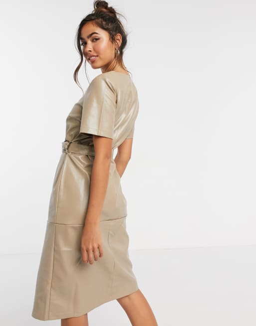 Vila leather look midi dress with belt and button detail in beige