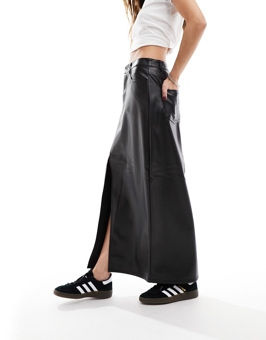 Vila Leather Look Midi Skirt In Black