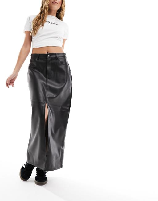 Vila leather look midi skirt in black