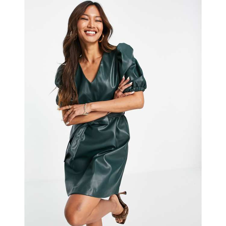 Vila leather look mini dress with puff sleeves and tie waist in green | ASOS
