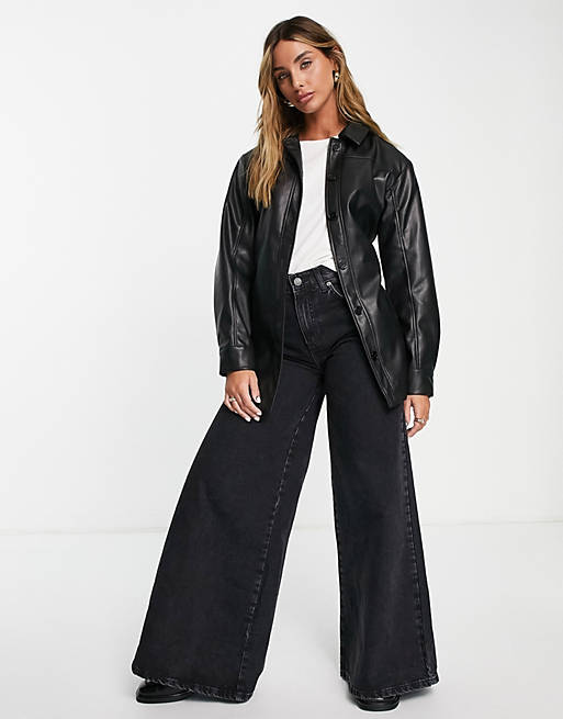 Women Vila leather look shacket in black 