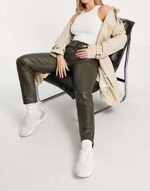 Vila leather-look straight leg pants in khaki ASOS
