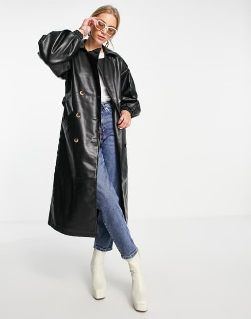 Vila leather look trench coat in black | ASOS