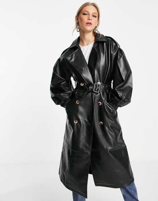 Vila leather look trench coat in black, 3 of 4
