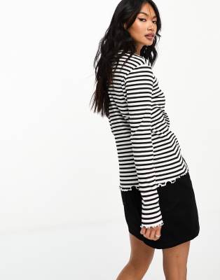 lettuce edge long sleeved ribbed top in black stripe