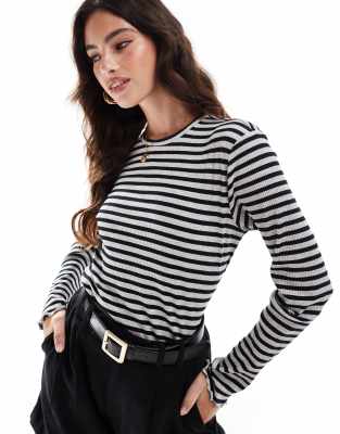 lettuce edge long sleeved ribbed top in medium gray melange stripe-Multi