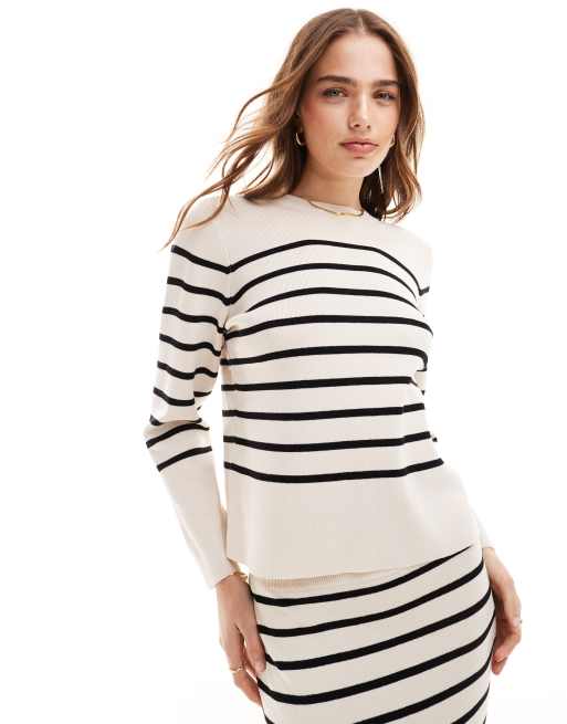 Vila lightweight knit jumper co-ord in cream stripe