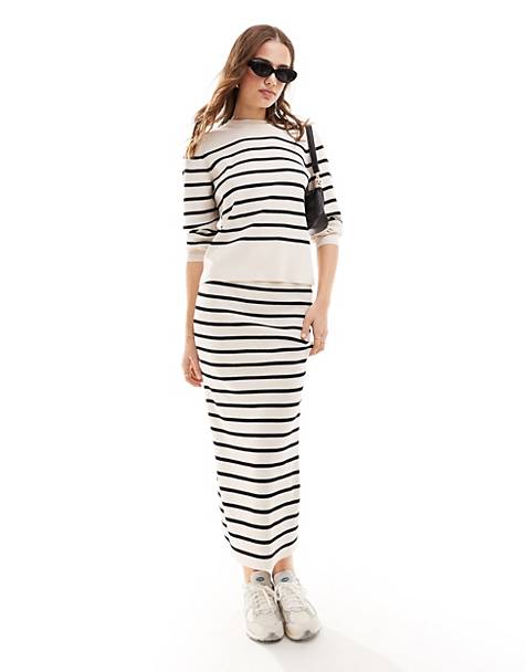 Vila lightweight knit maxi skirt co-ord in cream stripe