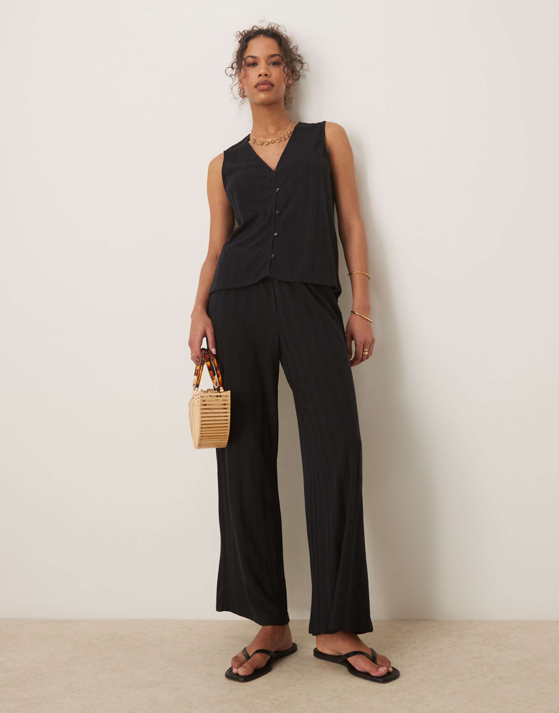 vila lightweight knit wide leg pants in black - part of a set