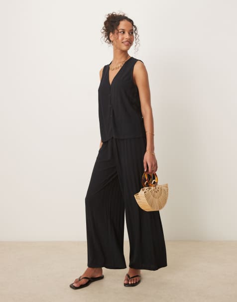 VILA lightweight rib knit sleeveless vest and wide leg pants set in black - view 1