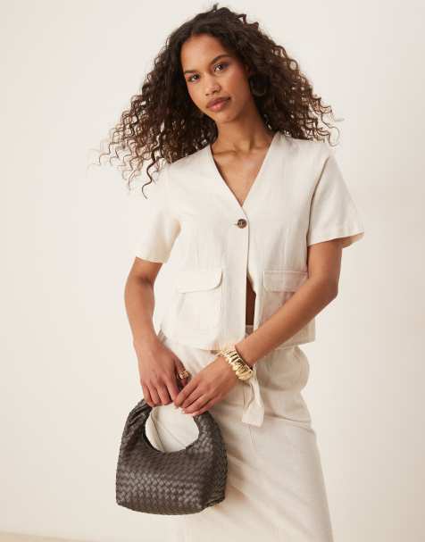 VILA linen blend short sleeve button front top in cream melange (part of a set) - view 1