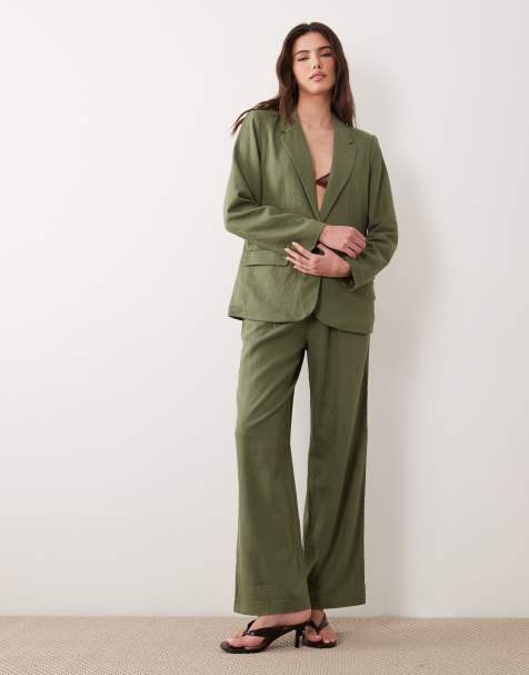 Vila linen blend tailored blazer and trouser set in olive green - view 1