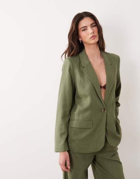 Vila linen blend tailored blazer co-ord in olive green - view 1