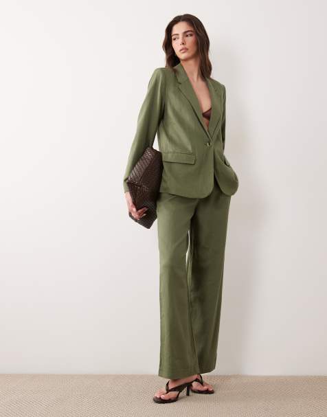 Vila  linen blend tailored trousers co-ord in olive green