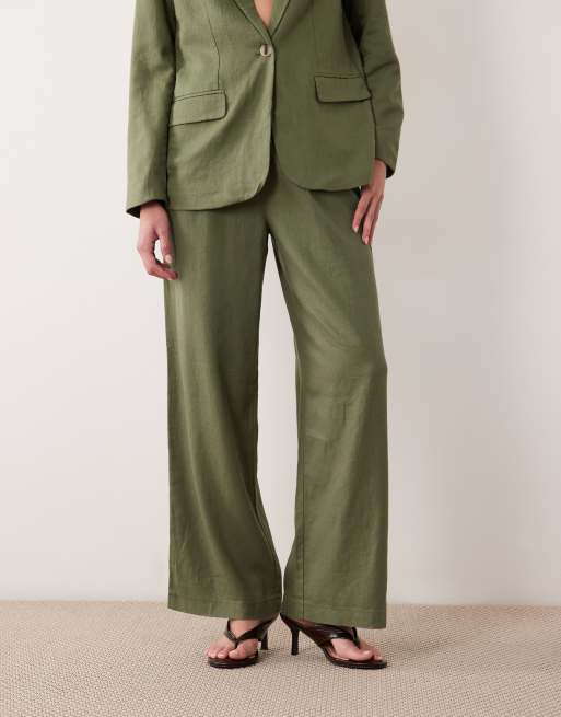 Vila  linen blend tailored trousers co-ord in olive green, 2 of 5
