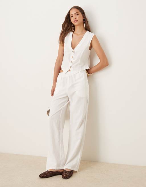 VILA linen-blend tailored wide leg pants in white (Part of a set)