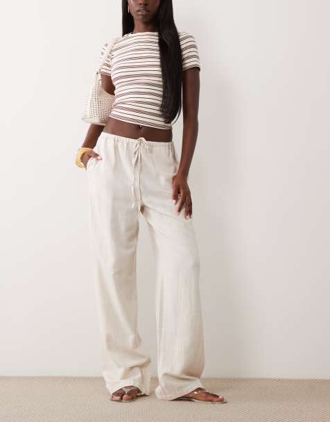 VILA linen blend tie waist wide leg pants in super light natural melange - view 1