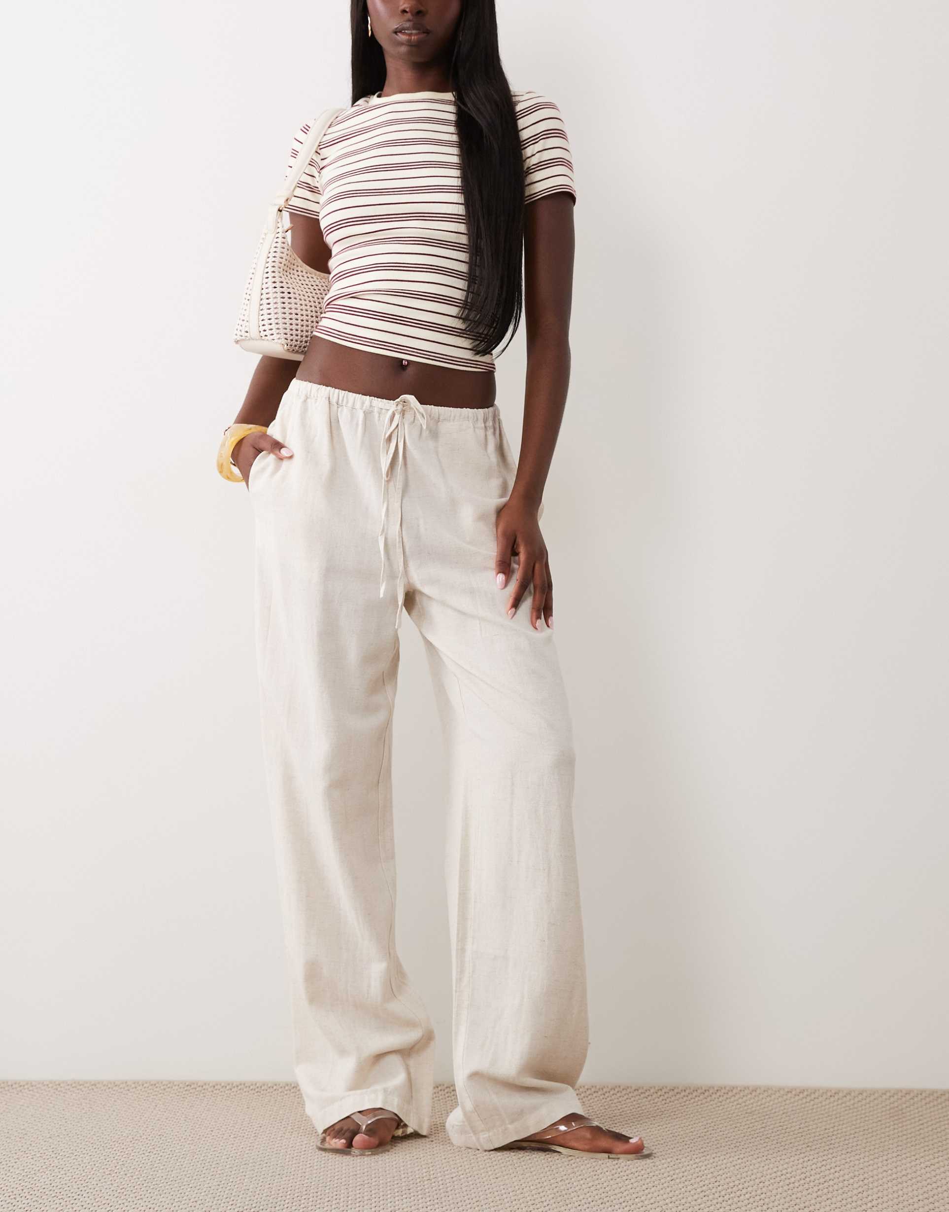 vila linen blend tie waist wide leg pants in super light natural melange