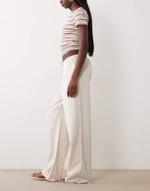 VILA linen blend tie waist wide leg pants in super light natural melange, 2 of 5
