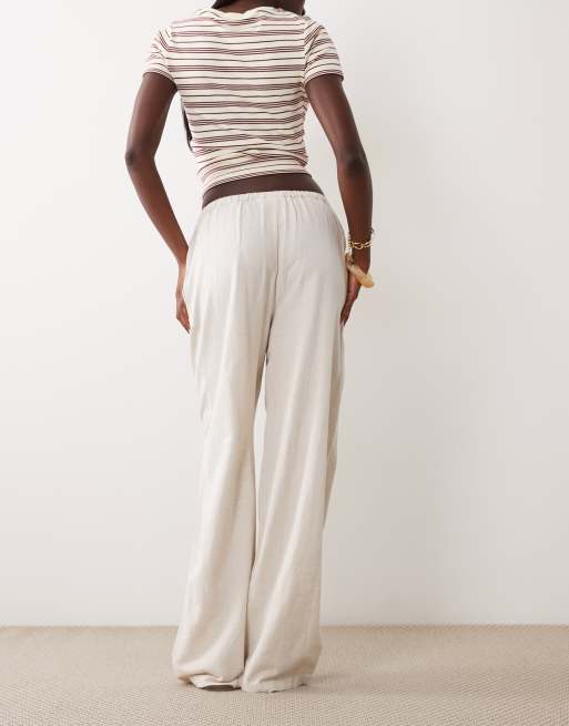 VILA linen blend tie waist wide leg pants in super light natural melange, 4 of 5