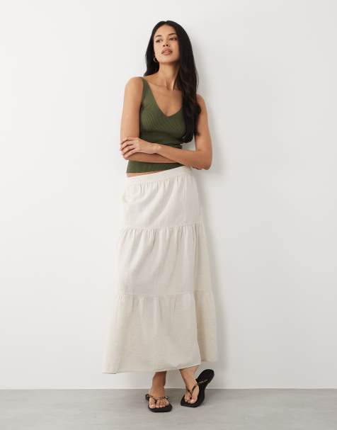 VILA linen-blend tiered boho midaxi skirt in cream - view 1