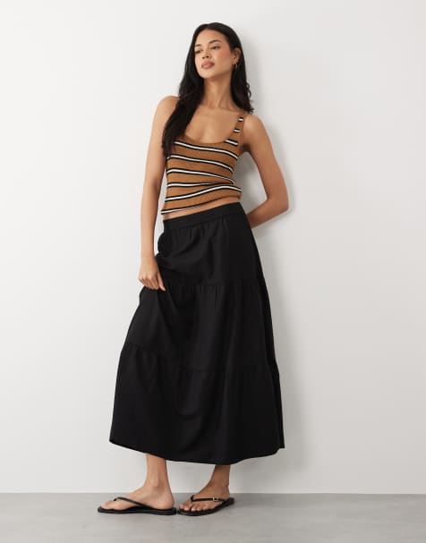 VILA linen-blend tiered maxi boho skirt in black - view 1