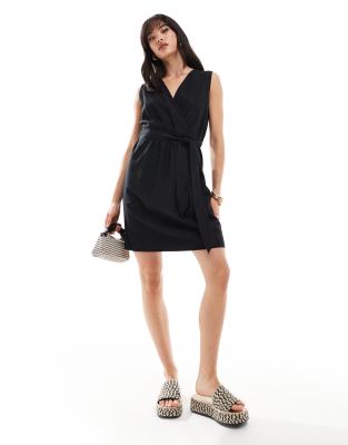 Vila Linen Blend Wrap Front Mini Dress With Tie Belt In Black