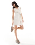 [Vila] Vila linen blend wrap front mini dress with tie belt in oatmeal-White 34 Natural melange