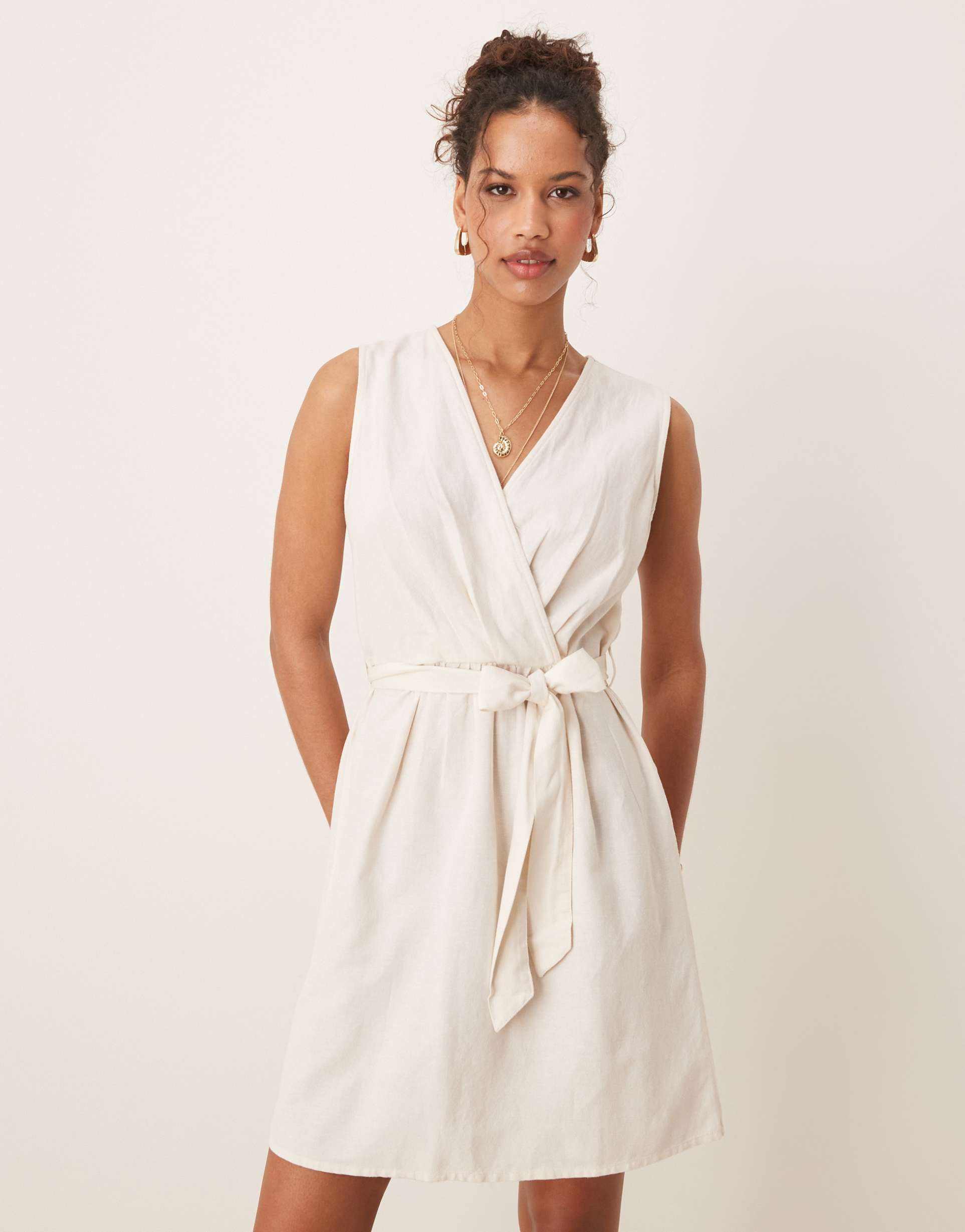 vila linen blend wrap front mini dress with tie belt in oatmeal