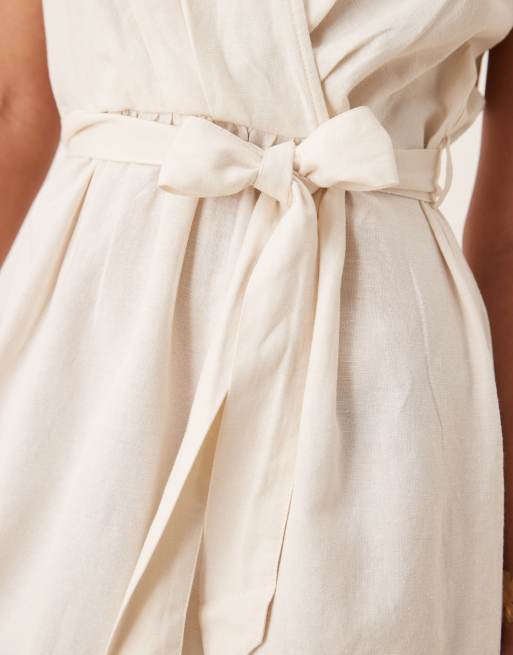 Vila linen blend wrap front mini dress with tie belt in oatmeal, 3 of 4