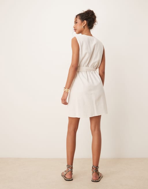 Vila linen blend wrap front mini dress with tie belt in oatmeal, 4 of 4