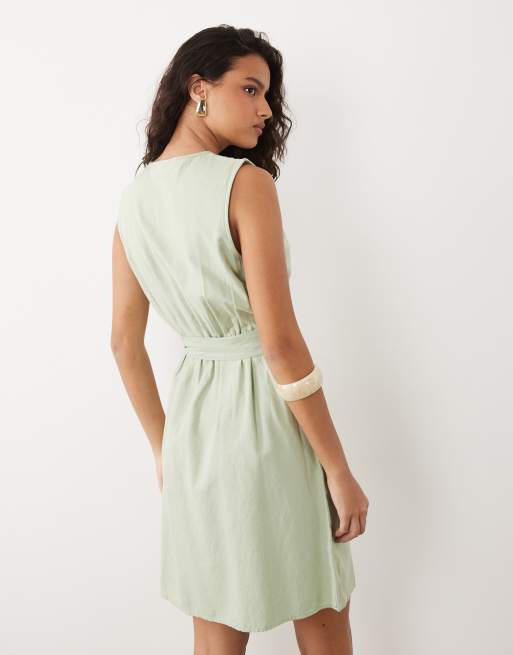 Vila linen blend wrap front mini dress with tie belt in smoke green, 4 of 4