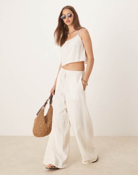 Vila linen look cami and wide leg trouser co-ord in cream - view 1