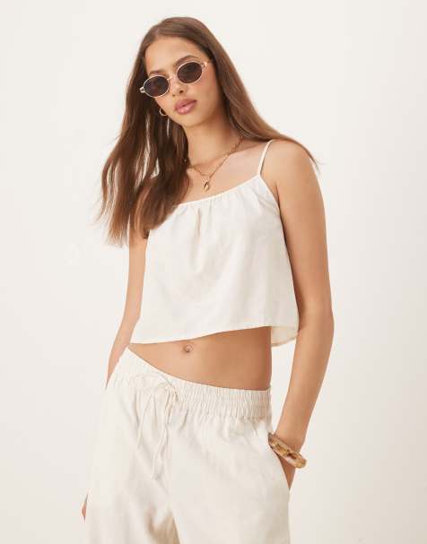 Vila linen look cropped cami top co-ord in birch cream