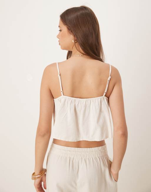 Vila linen look cropped cami top in birch cream - part of a set, 3 of 4