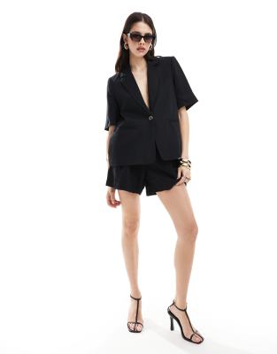 Vila Linen Look Short Sleeve Blazer In Black - Part Of A Set