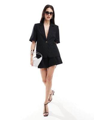 Shop Vila Linen Look Short Sleeve Blazer In Black - Part Of A Set
