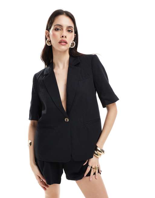 Vila linen look short sleeve blazer in black part of a set ASOS