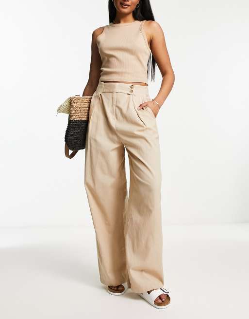 Vila linen mix button tab wide leg pants in beige