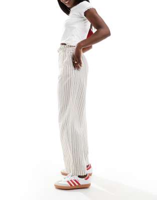 linen mix pinstripe wide leg pants in cream-White