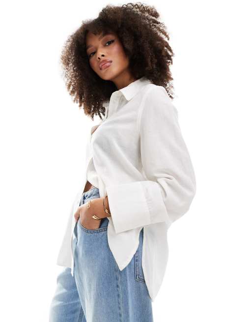 Vila linen mix shirt with wide sleeves in cream 