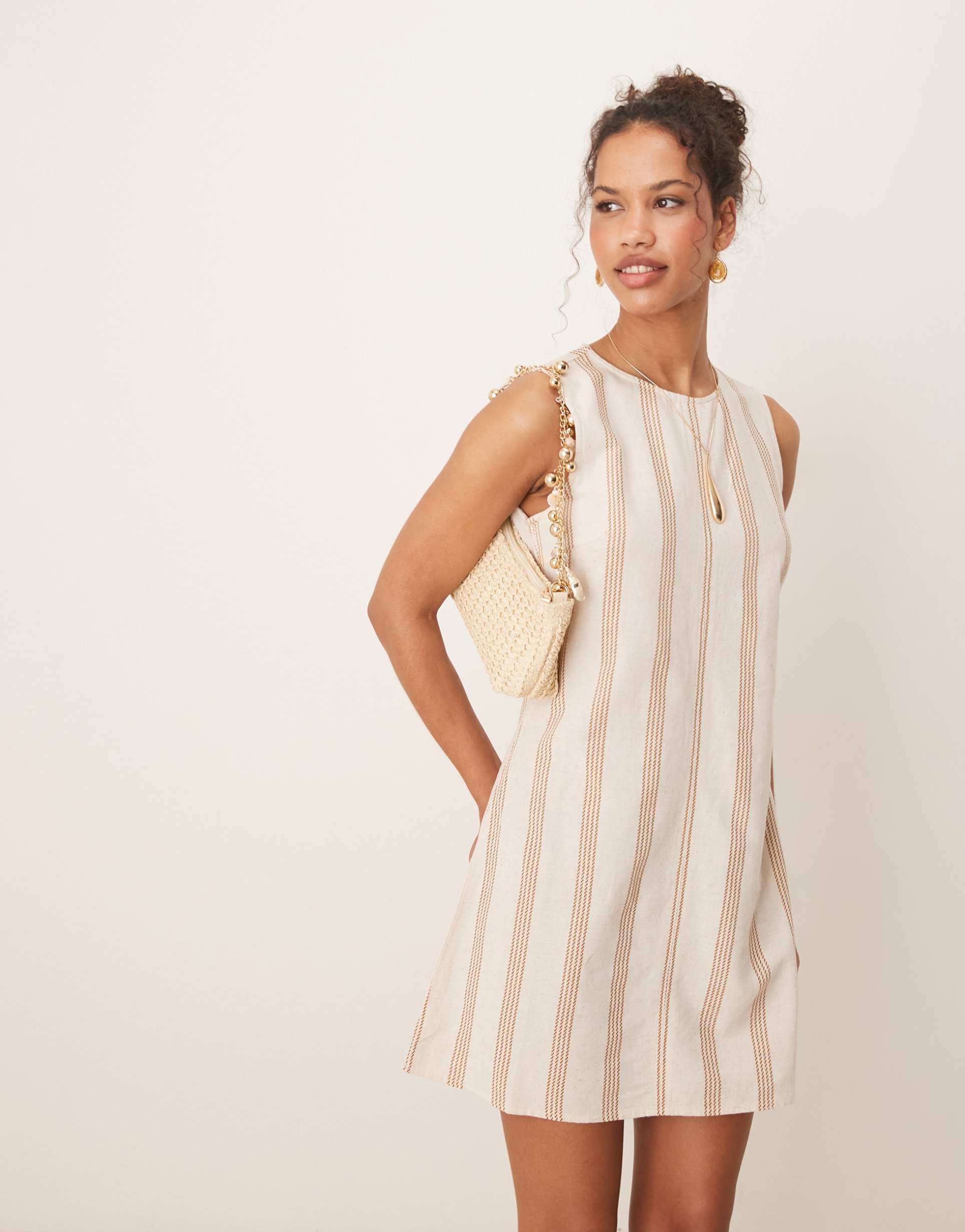vila linen mix sleeveless mini dress in cream & tan stripe