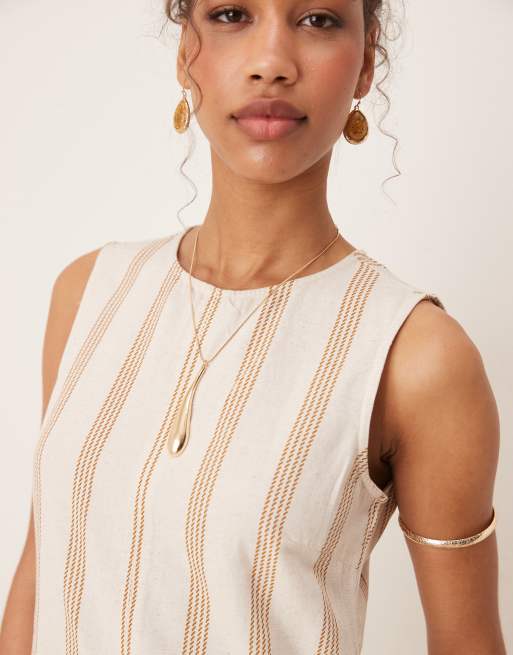 VILA linen mix sleeveless mini dress in cream & tan stripe, 3 of 4
