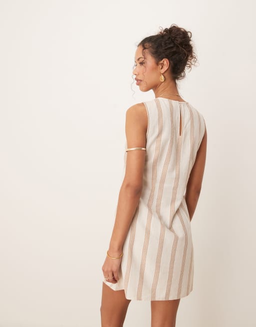 VILA linen mix sleeveless mini dress in cream & tan stripe, 4 of 4