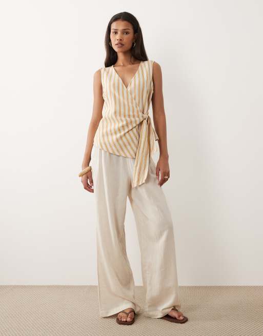 VILA linen mix tie front sleeveless top in amber gold stripe, 2 of 4